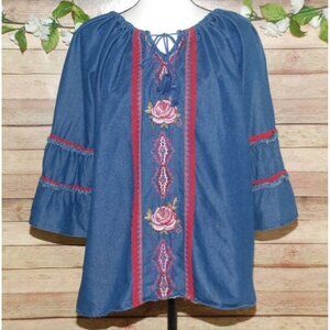 HANNAH Blue & Red Embroidered Peasant Top 3/4 Bell Sleeve Women's Blouse Size XL